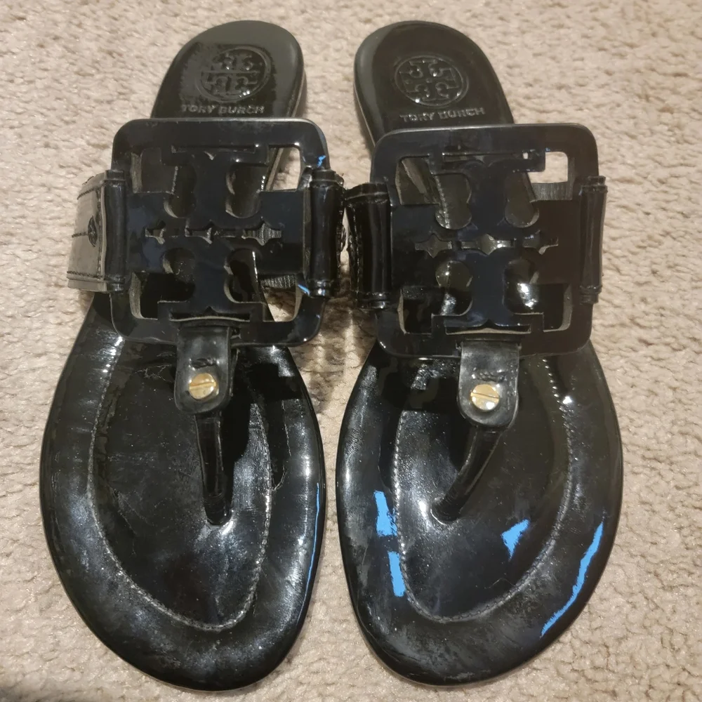 Tory Burch Black Patent Logo Thong Sandal